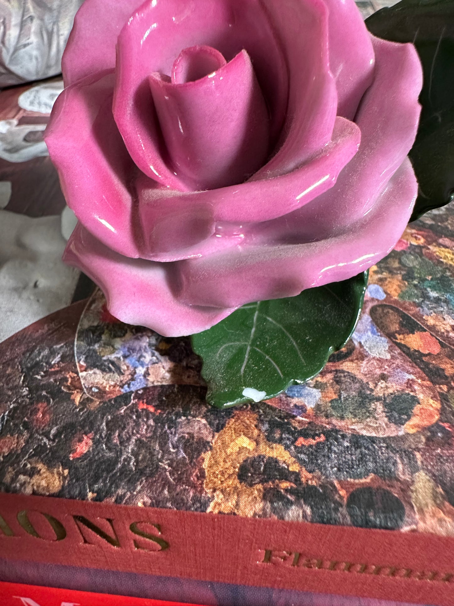 GORGEOUS Vintage HEREND Handpainted Porcelain Rose on Leaf Figurines