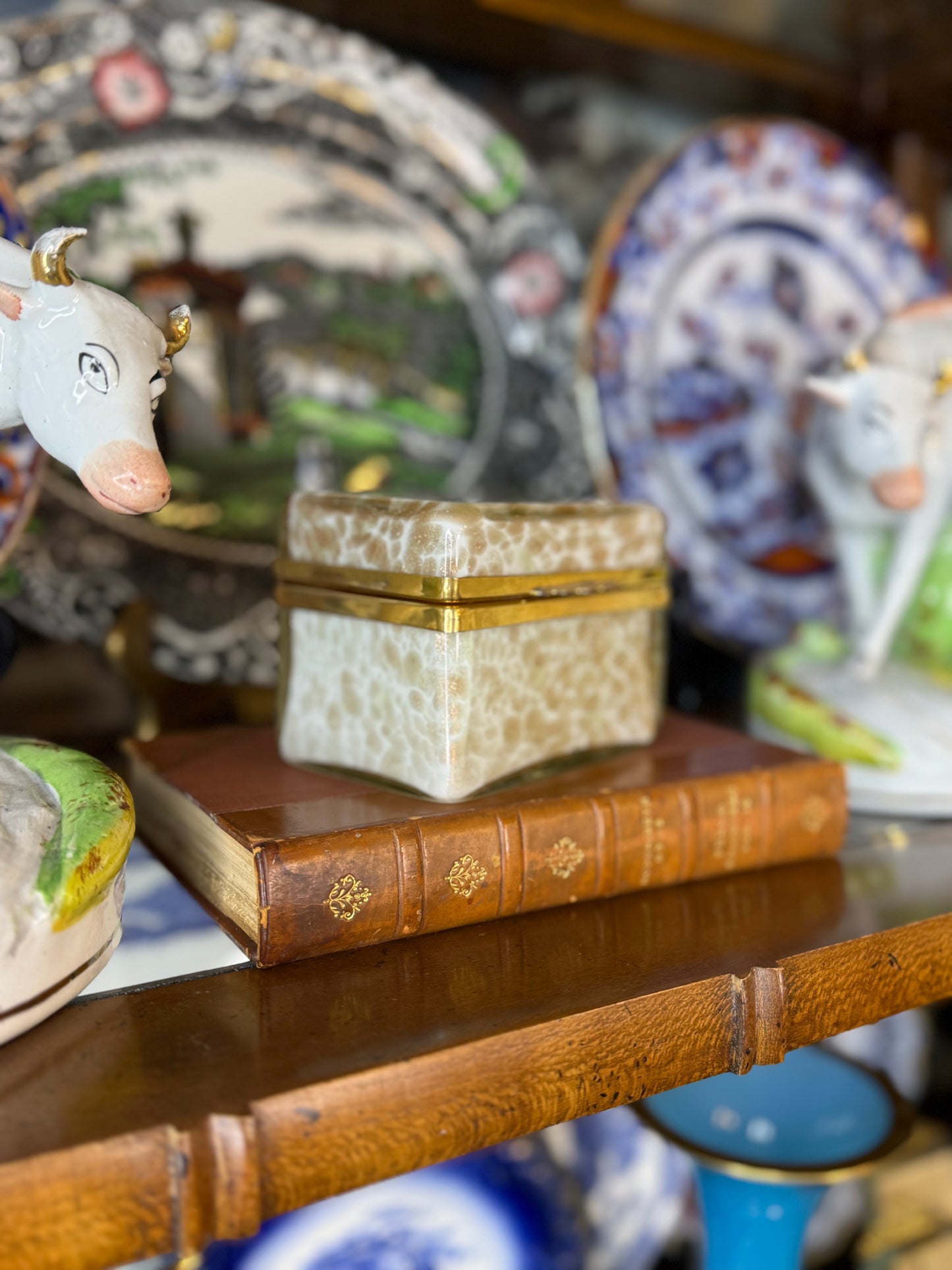 Vintage Murano Art Glass Casket Box | Aventurine & White Mottled Glass | Brass Mounted Trinket Box | 5” x 4” x 3”