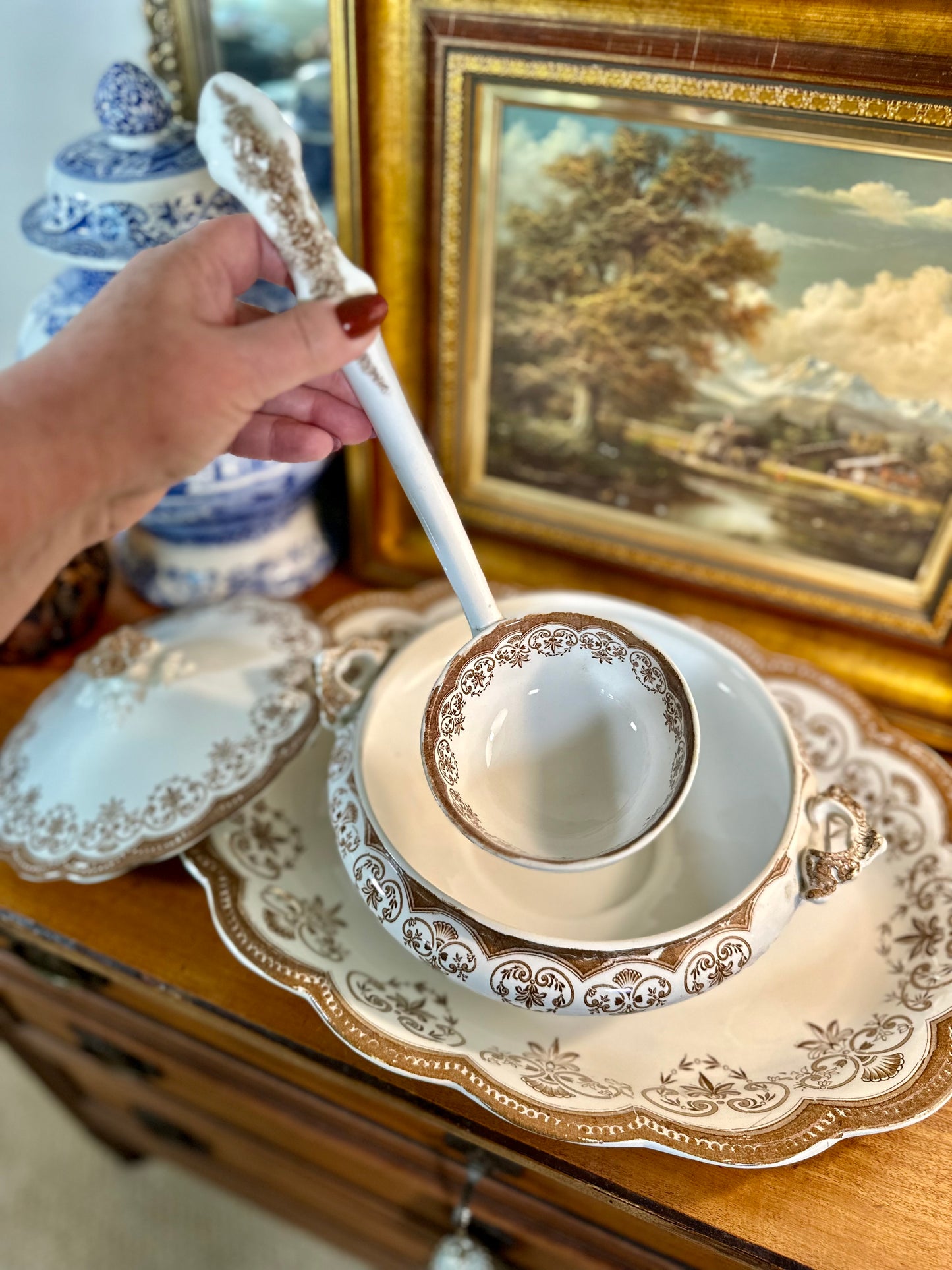 RARE Antique Regent Brown Transferware Lidded Tureen with Ladle & Underplate, 18"