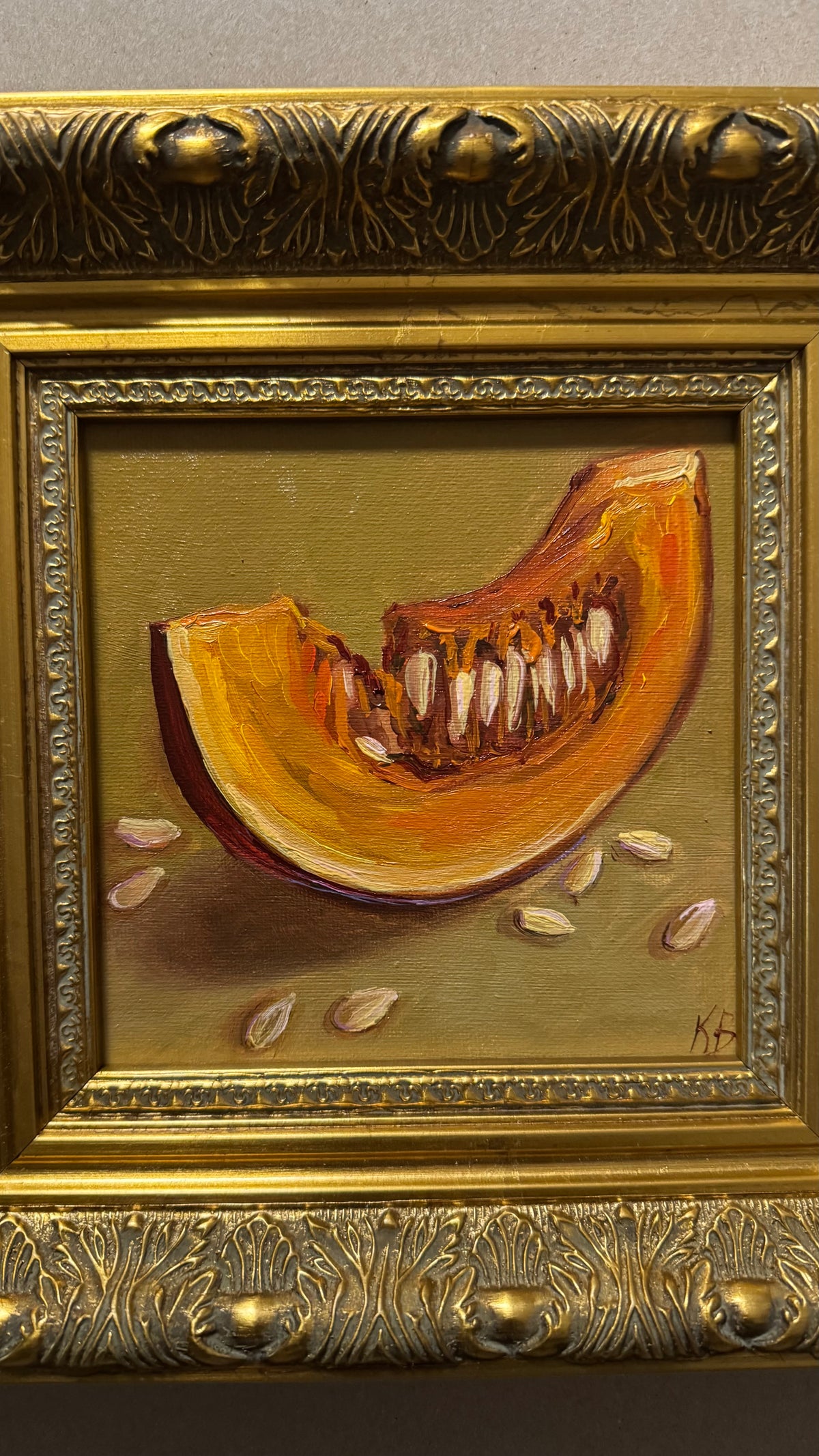 Original Pumpkin Slice Oil Painting in Ornate Gold Frame – 9.5 × 9.5 Inches