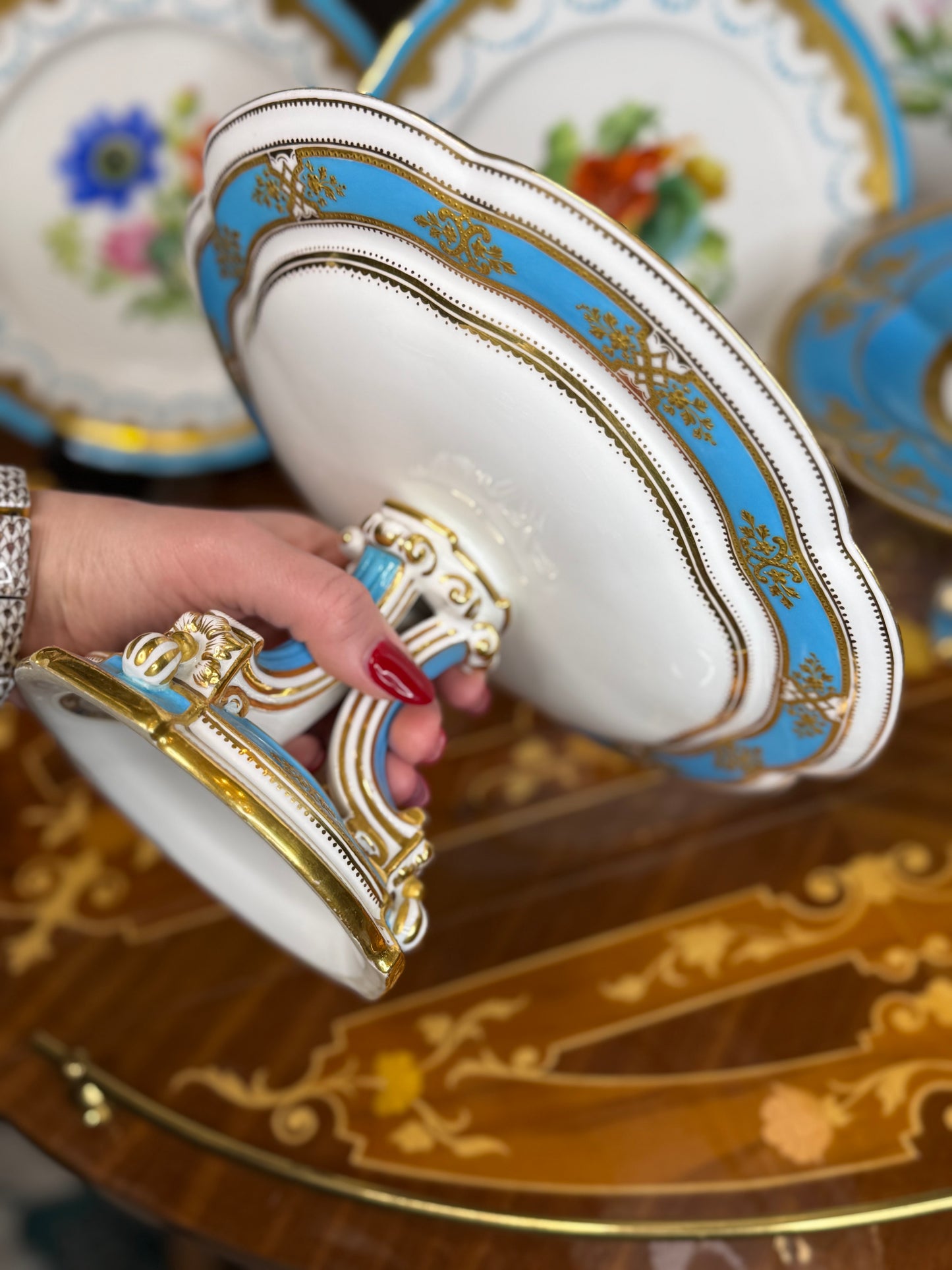 Coalport Raised Gilt Comport, c. 1850 – Turquoise & Gold, 10” Diameter (2 available)