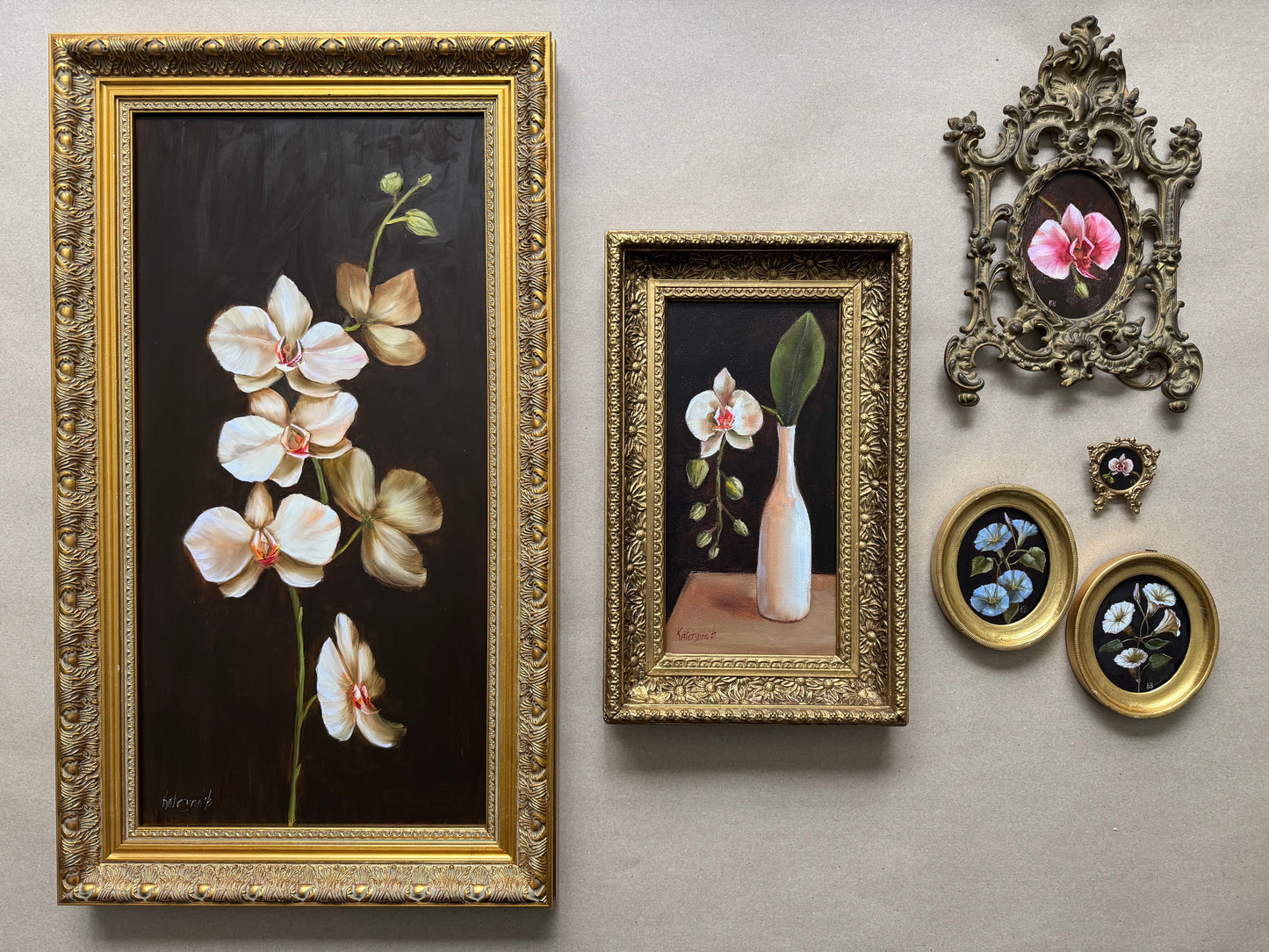 White orchid in a vase original oil painting in wooden vintage floral frame