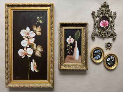 White orchid in a vase original oil painting in wooden vintage floral frame