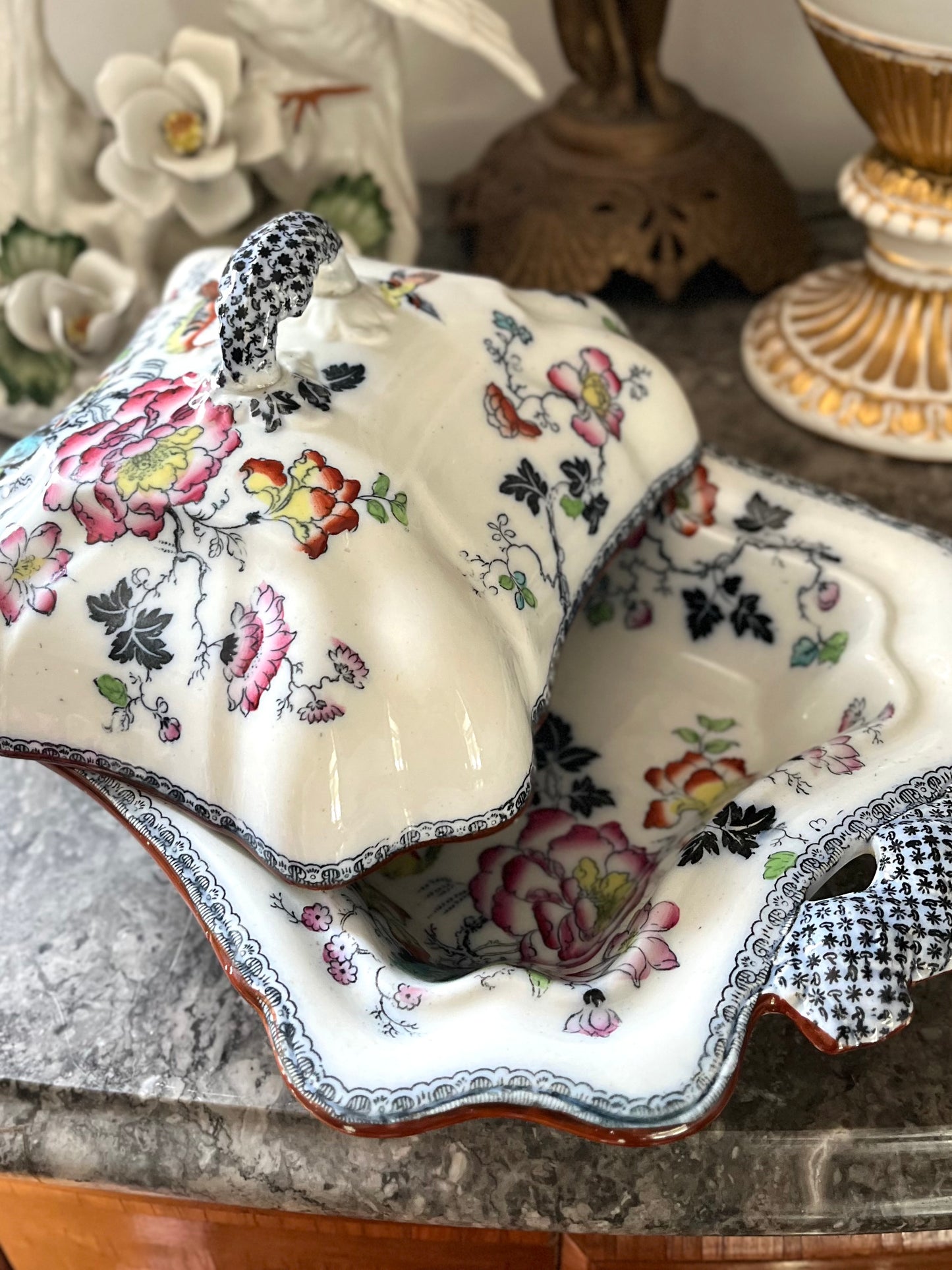Live 07/28 Stunning Early Ashworth Bros Lidded Vegetable Dish - Footed With Florals/Birds/Contrasting Handles And Trim - Original Ribbon Mark 1860’s