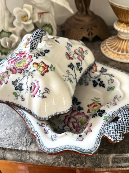 Live 07/28 Stunning Early Ashworth Bros Lidded Vegetable Dish - Footed With Florals/Birds/Contrasting Handles And Trim - Original Ribbon Mark 1860’s