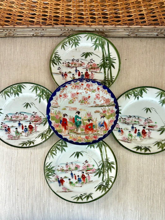 Set of 5 chinoiserie Asian famille and bamboo porcelain plates