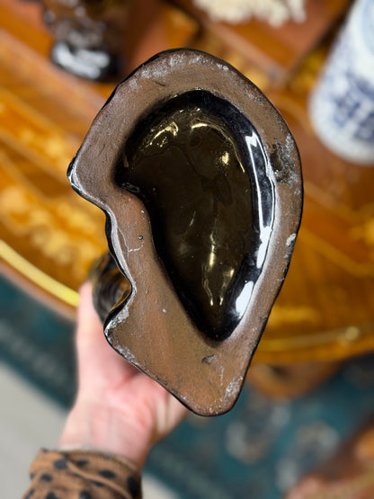 Antique 10” Tall English Black Staffordshire Mantle Dogs (c. 1890–1910) – Pair with Gilt Chain