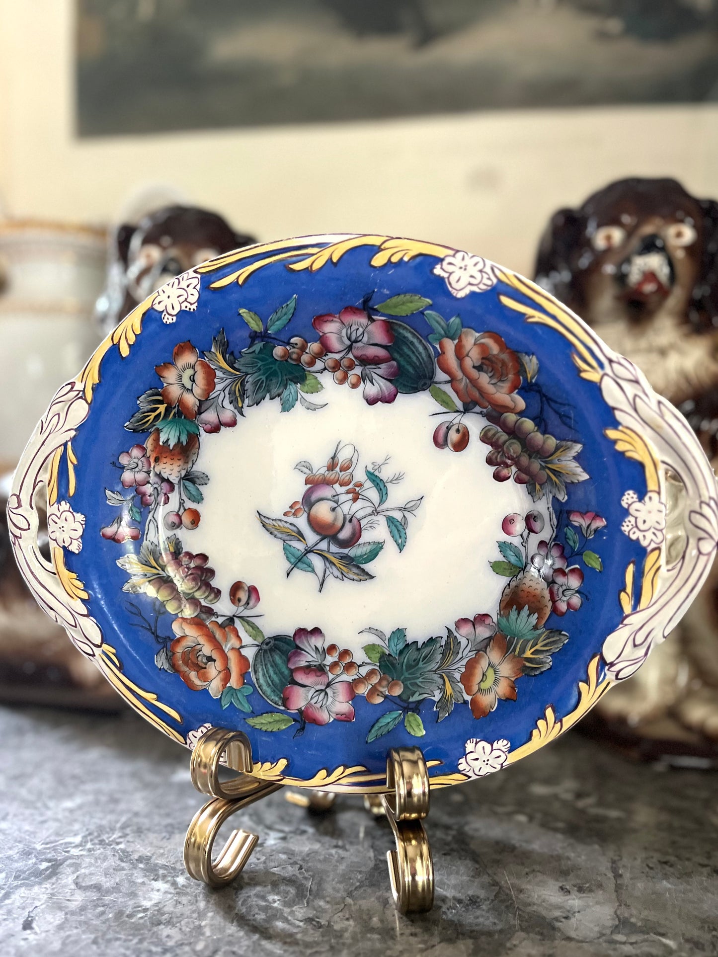 RESERVED - AMYLEA - Live 06/29 Antique Davenport Porcelain Dessert Dish · Cobalt Floral And Fruit · c. 1854 Registered Design