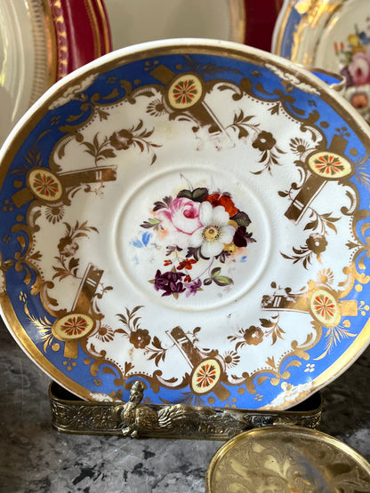 Stunning Antique English 21-Piece Porcelain Tea Service | French Blue, Hand-Painted Florals & Gilt - Attributed to Coalport