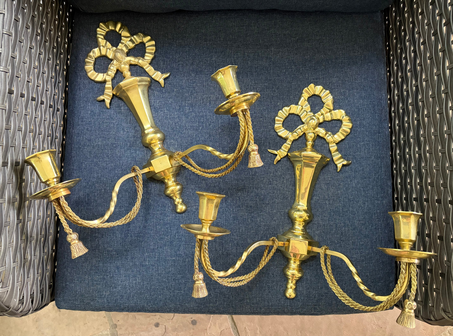 Lovely brass bow sconces with rope and tassel designs pair!