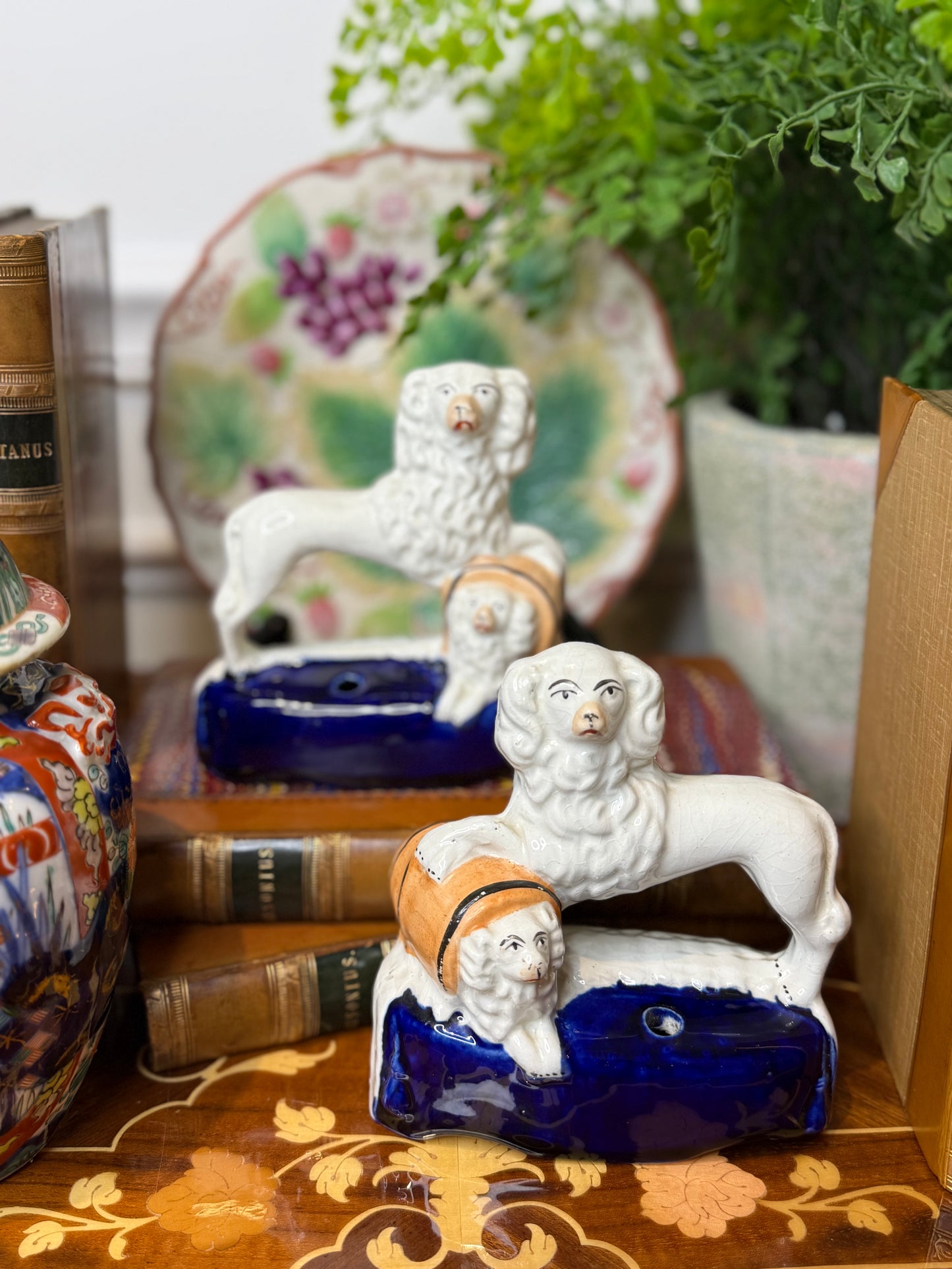 Antique Pair, 19th Century Staffordshire Spaniel Dogs with Puppy in Barrel #DA4422
