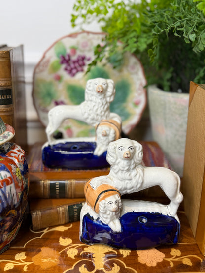 Antique Pair, 19th Century Staffordshire Spaniel Dogs with Puppy in Barrel #DA4422