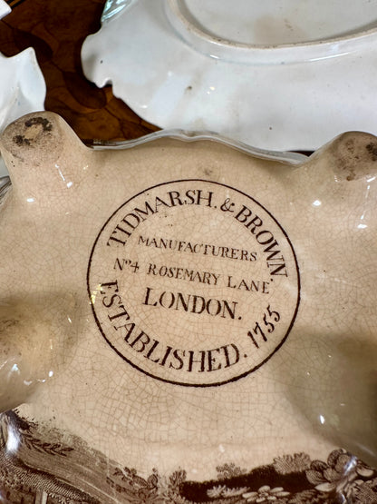 Antique English Corinthian Brown Transferware Pearlware Tureen, Lid & Stand, c. 1830s–1840s