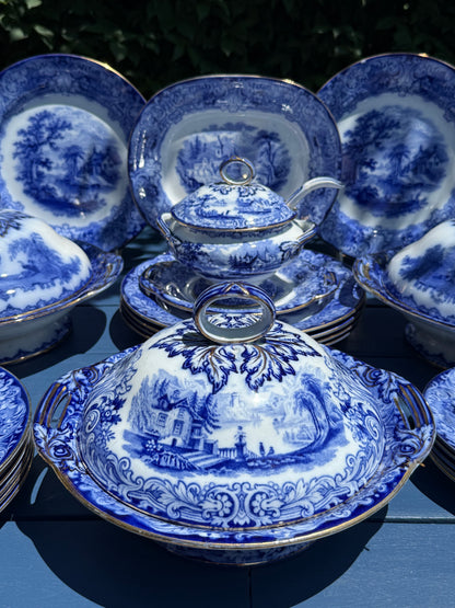 Antique c.1891–1902 Royal Doulton Geneva Blue Transferware Dinner Service | 23-Piece English Set