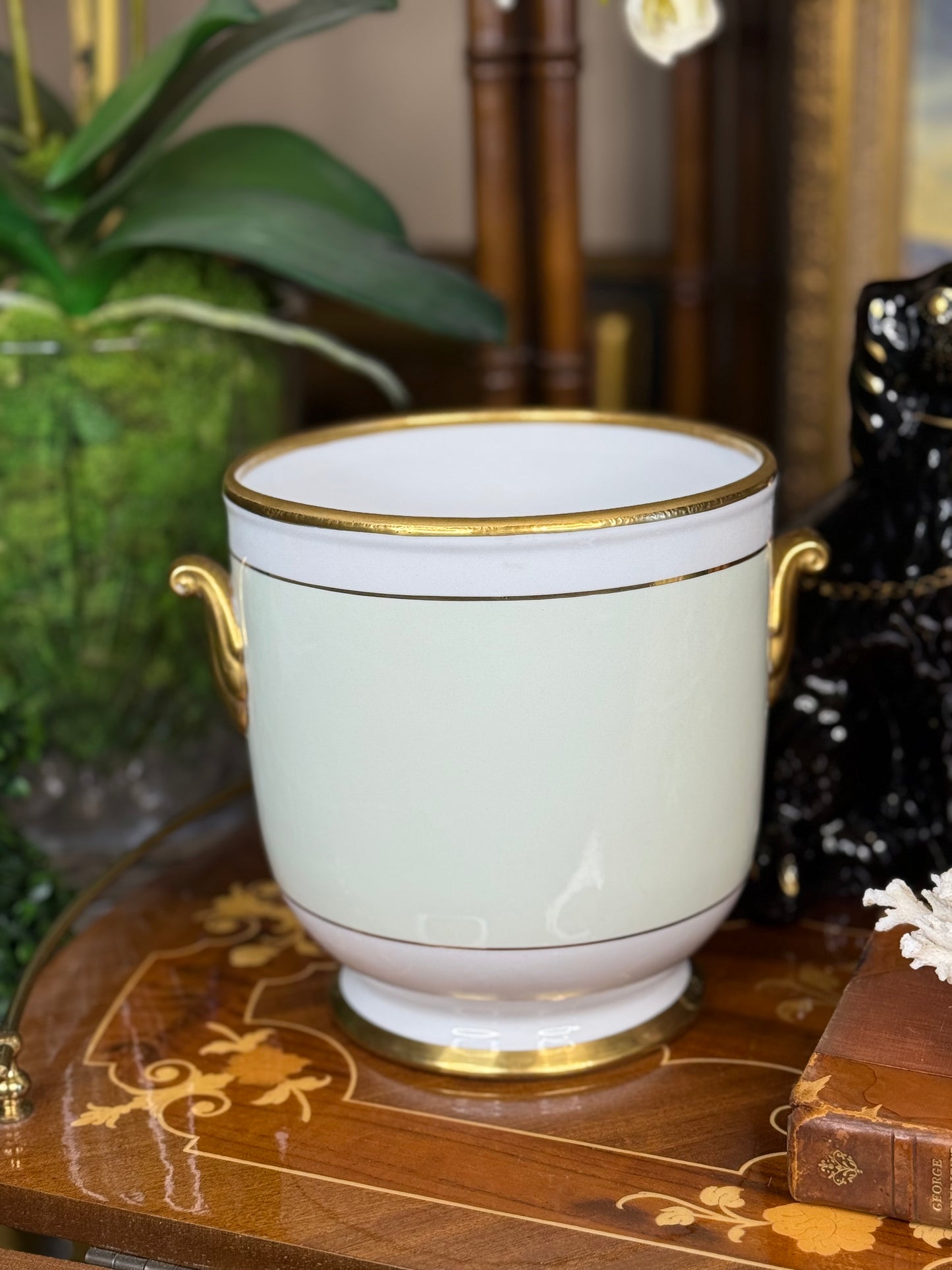 Pair of Green & Gold Porcelain Cachepots – 7” | Classic French-Style Planters