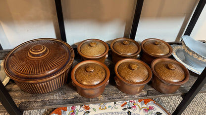 Vintage Brown Stoneware Covered Casserole with Six Individual Crocks