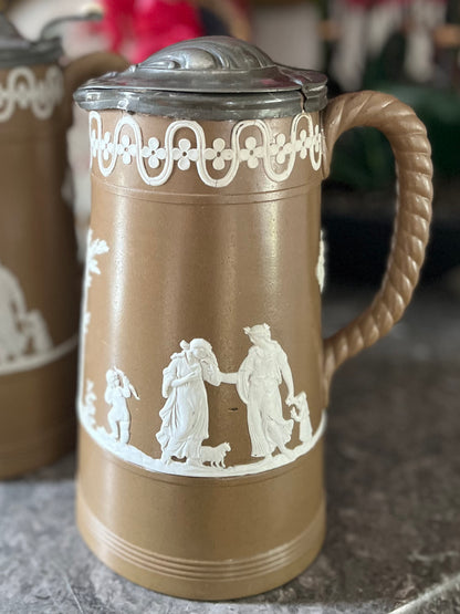 Live 06/22 Pair of Antique Dudson Brothers Brown Jasperware Jugs | Late 19th-Century Staffordshire | Neoclassical Relief with Pewter Lids