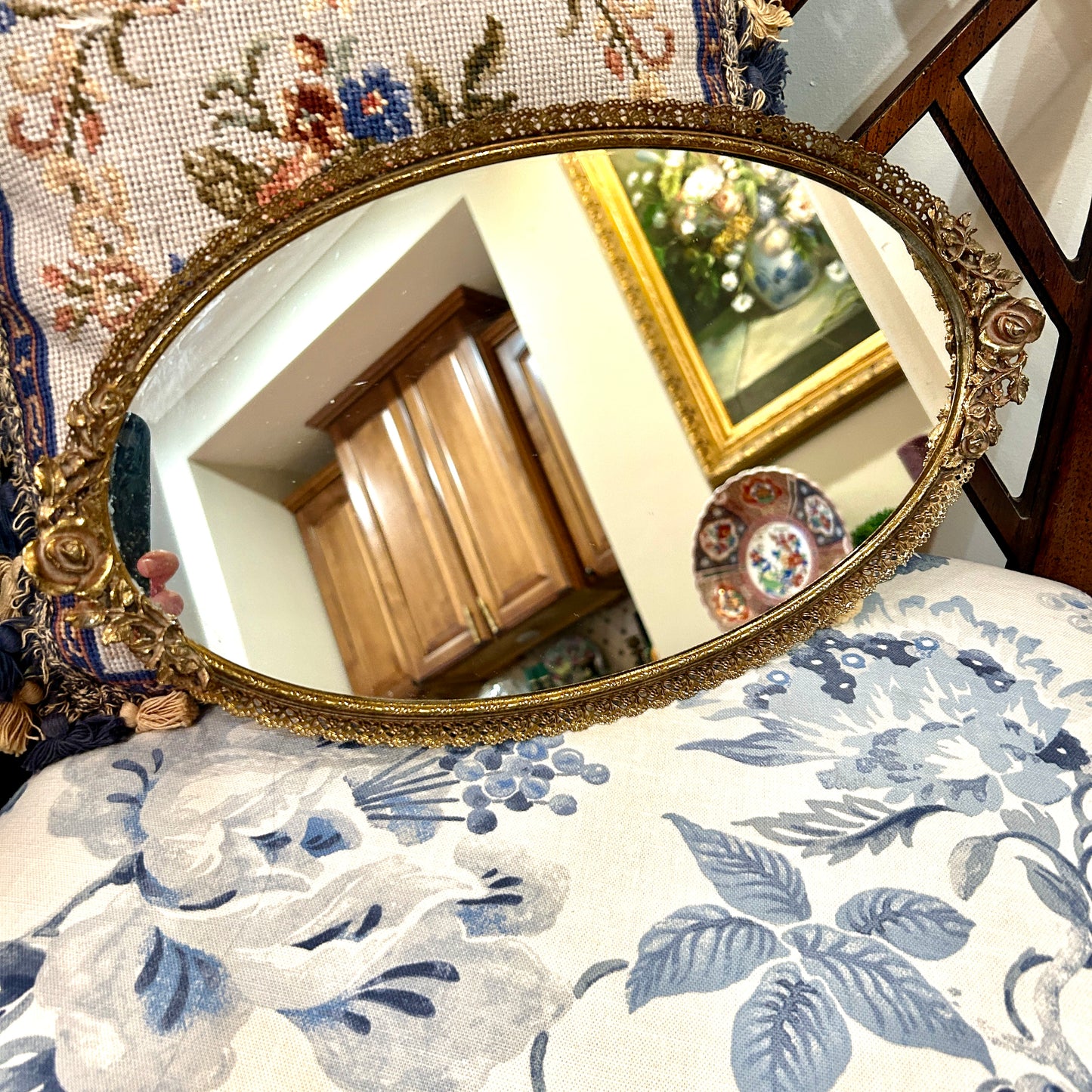 Gorgeous brass ormolu floral reticulated brass mirrored tray