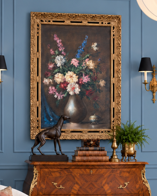 Gorgeous Large Signed Moody Floral Still Life - Fine Oil On Canvas/Elegant Pierced Wood Original Frame With Brass Name Plaque