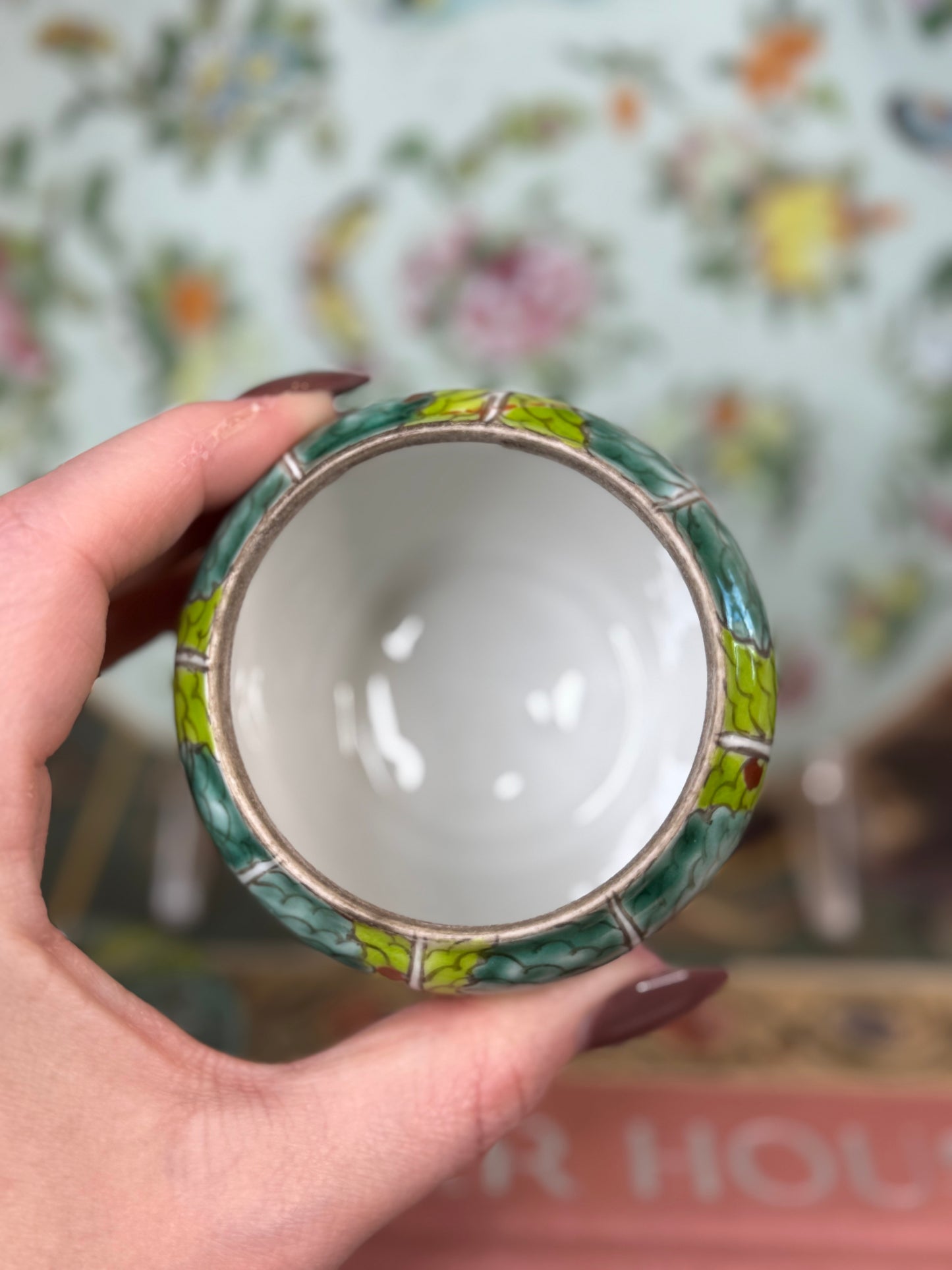 Vintage Chinese Bok Choy Porcelain Lidded Jar | Famille Verte Style | 3”