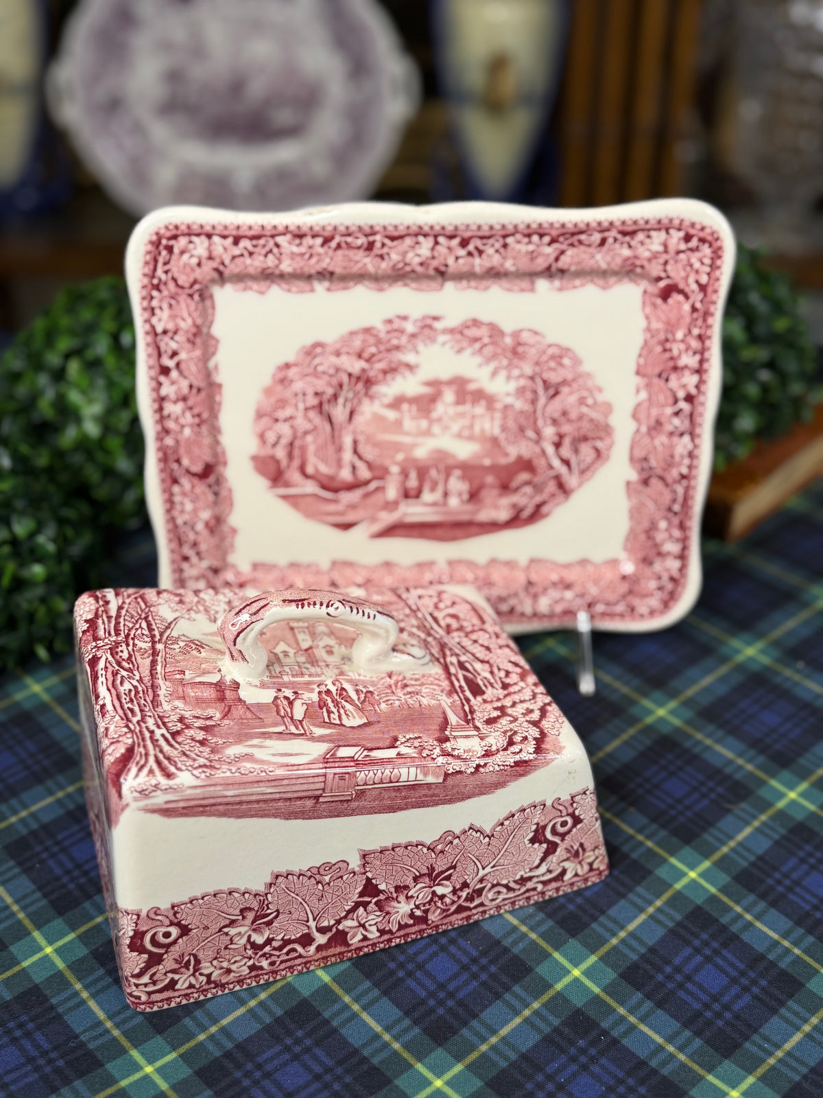 Vintage Mason’s Vista Pink Transferware Covered Cheese Dish & Underplate | England