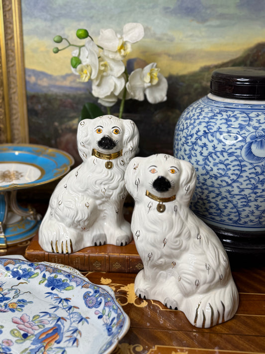 Pair of Beswick England Spaniel Figures | White Glaze with Gilt Collars | 8”
