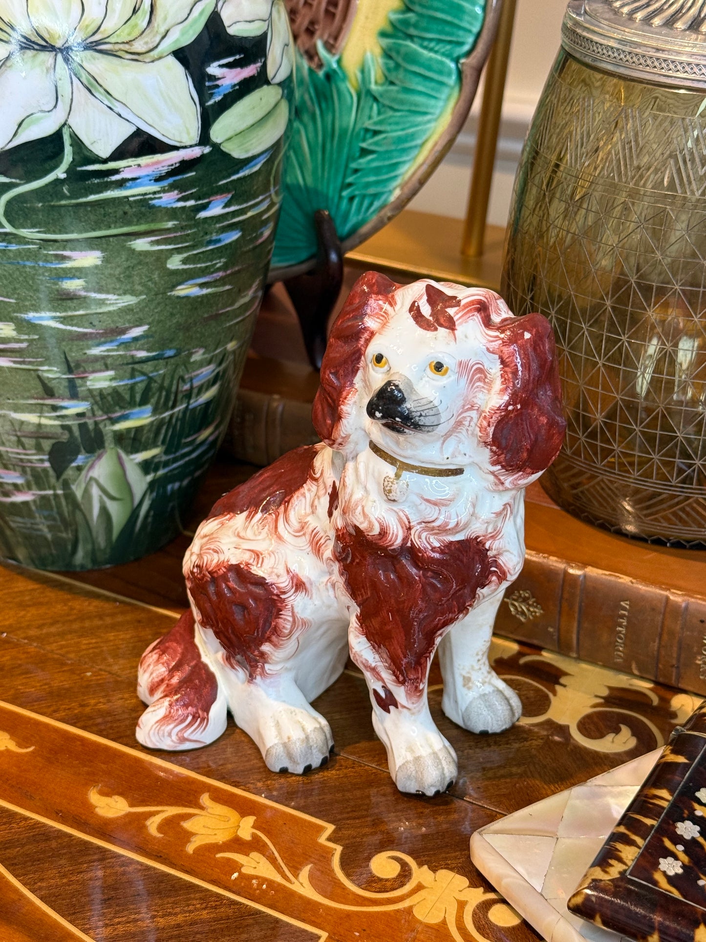 Antique Staffordshire Spaniel Figure c.1880–1900 Red & White Pottery Dog 5.5” Tall