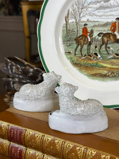 Antique Staffordshire Pair of Black-Faced Sheep Figures, White Glazed Pottery with Gilt Line, English, c.1860–1880, 3” W x 2.5” H | #DA4424