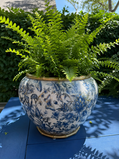 Danny’s Fine Porcelain - Midnight Garden Porcelain Floral Round Planter W/ Bronze Ormolu, 12"L x 12"W x 9"H