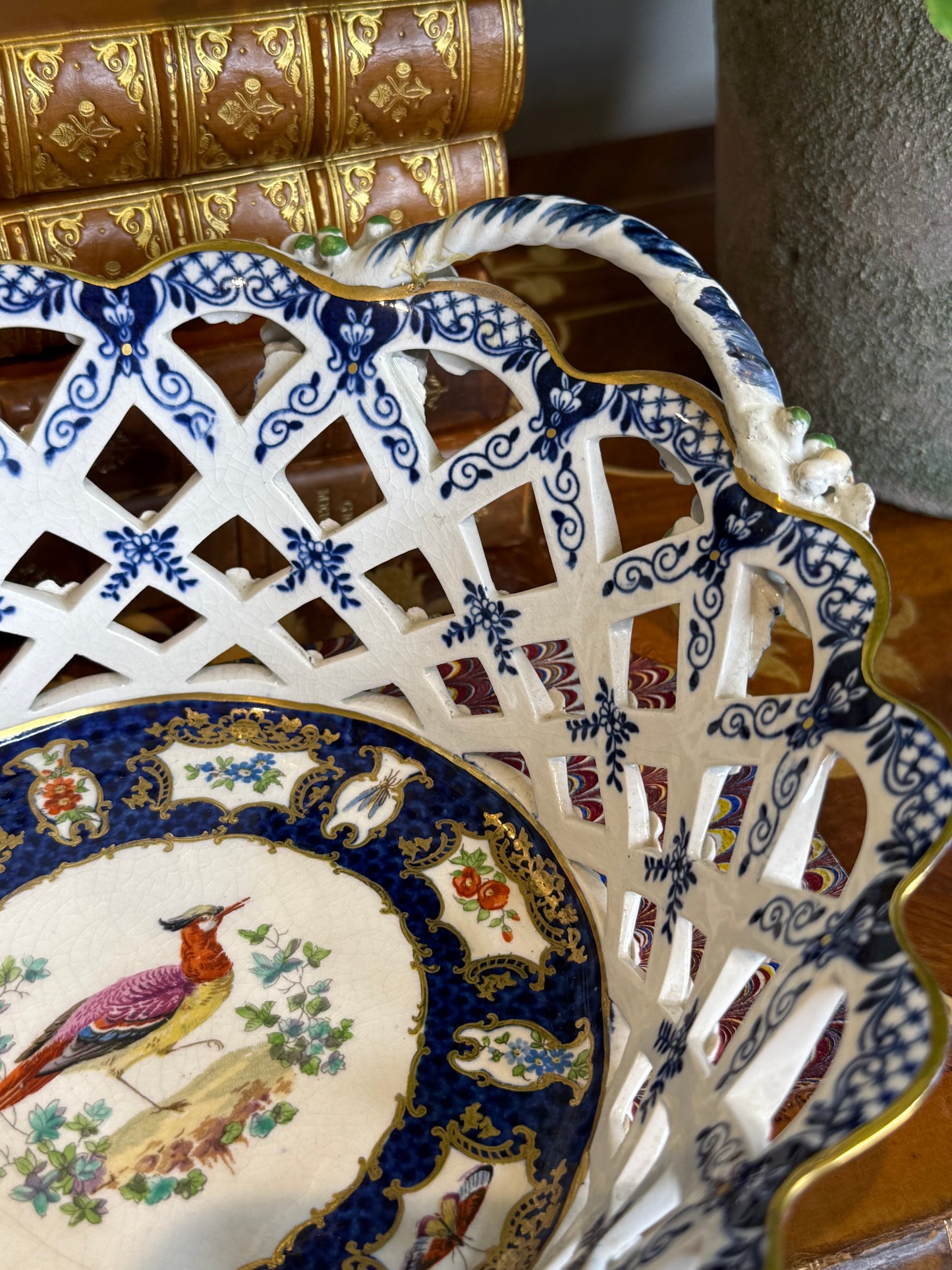 Rare Antique Booths Silicon China “Scale Blue” Exotic Birds Pierced Fruit Basket | 9” x 8”