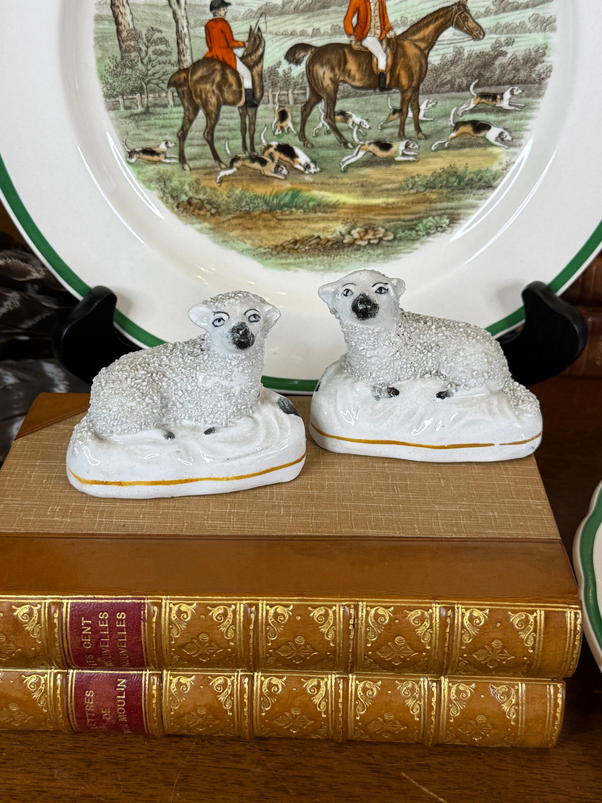 Antique Staffordshire Pair of Black-Faced Sheep Figures, White Glazed Pottery with Gilt Line, English, c.1860–1880, 3” W x 2.5” H | #DA4424