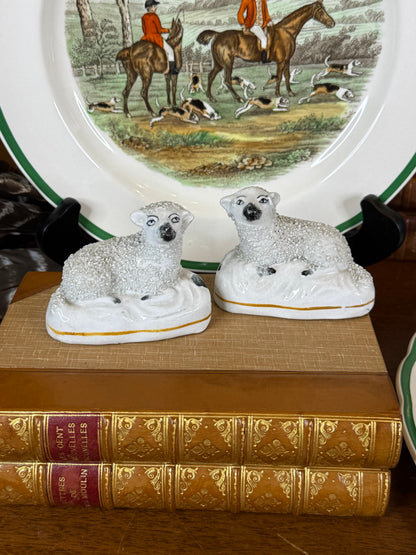 Antique Staffordshire Pair of Black-Faced Sheep Figures, White Glazed Pottery with Gilt Line, English, c.1860–1880, 3” W x 2.5” H | #DA4424