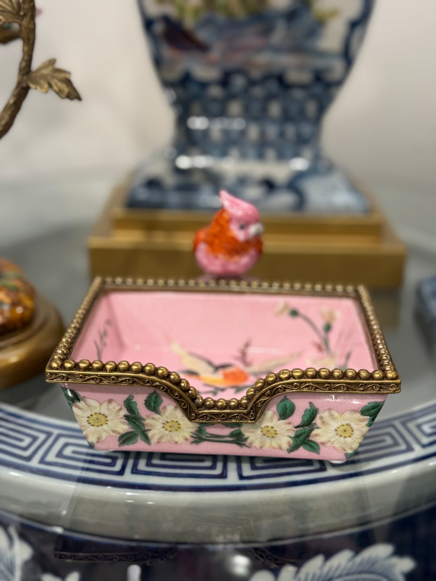 Danny's Fine Porcelain - Rectangular Pink Tray With Bird & Bronze Ormolu Details: 5.25X6X3.75” Hand painted