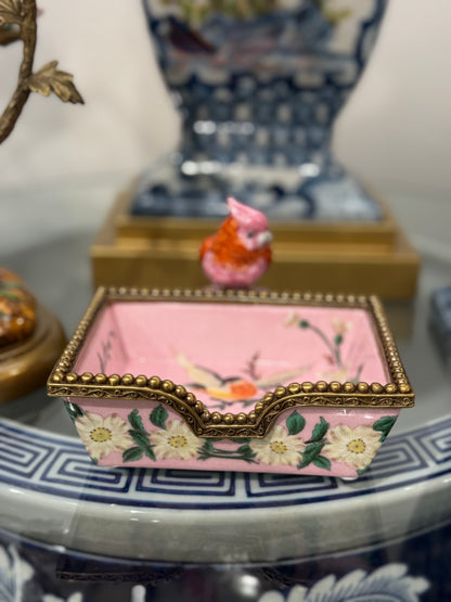 Danny's Fine Porcelain - Rectangular Pink Tray With Bird & Bronze Ormolu Details: 5.25X6X3.75” Hand painted