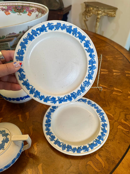 Pair of Antique Wedgwood Smear-Glazed Stoneware Saucers with Lavender Sprigged Grapes