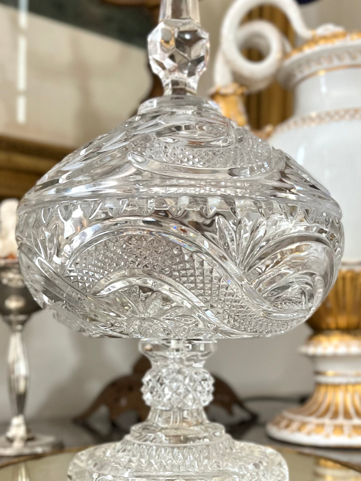 Beautifully Cut Crystal Covered Pedestal Compote with Spire Finial | 13 1/2”