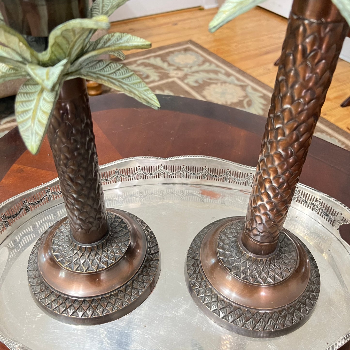 Brass Pineapple Palm Taper Candleholders W/ Etched Glass Hurricane Shade - Pair