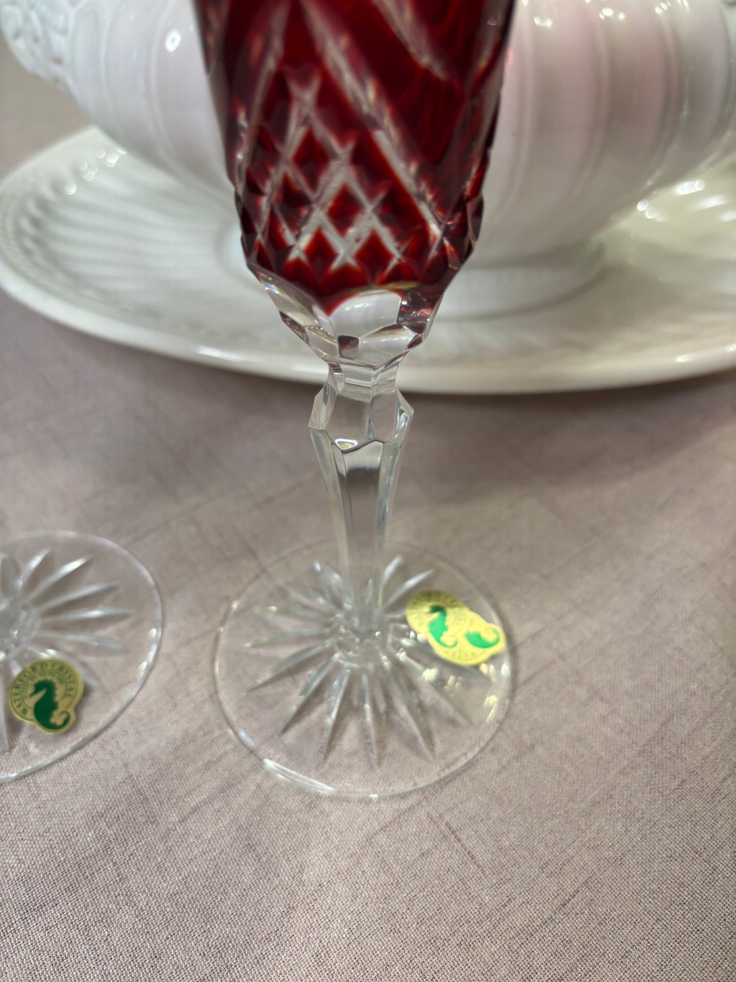 Stunning Waterford Crystal Red Champagne Flutes pair!