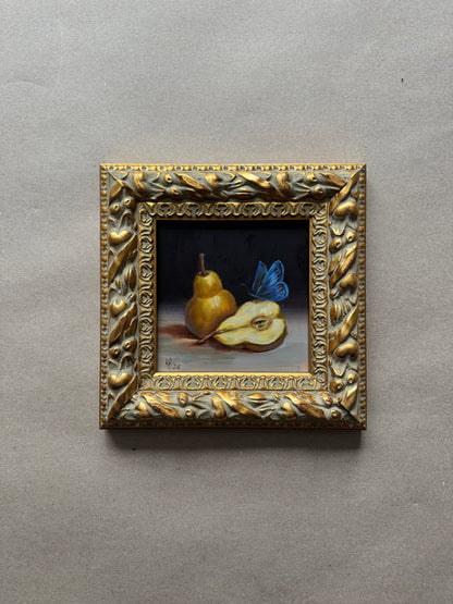 Reserved Pear and butterfly original oil painting 9.5x9.5”