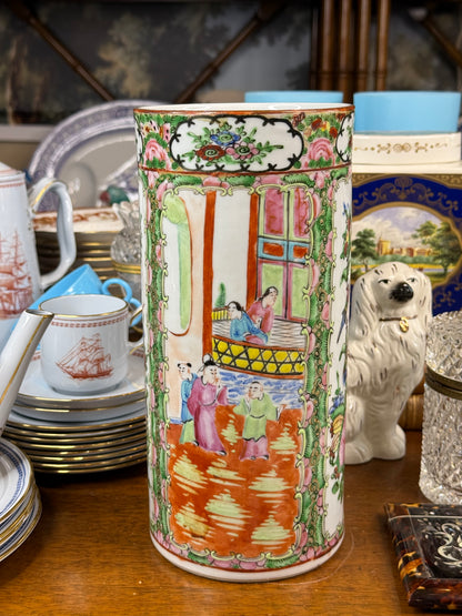 Antique 1920’s Chinese Rose Medallion Famille Rose Cylindrical Vase / Brush Pot | 9.75” Tall