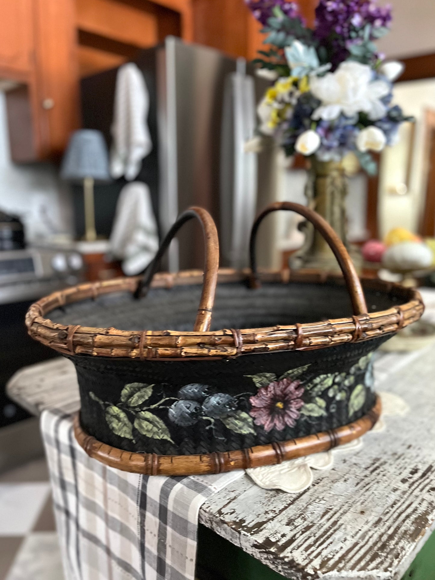 Live 06/29 Vintage Tracy Porter Hand-Painted Woven Market Basket with Bamboo Trim 23 1/2 x 17 X 8