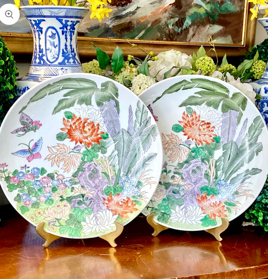 Vibrant Pair of vintage chinoiserie famille large wall platters stamped