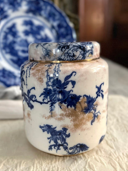 Live 09/22 Rare Surviver 1880s Doulton Burslem England Blue & White Gilt Biscuit Jar – Original Lid