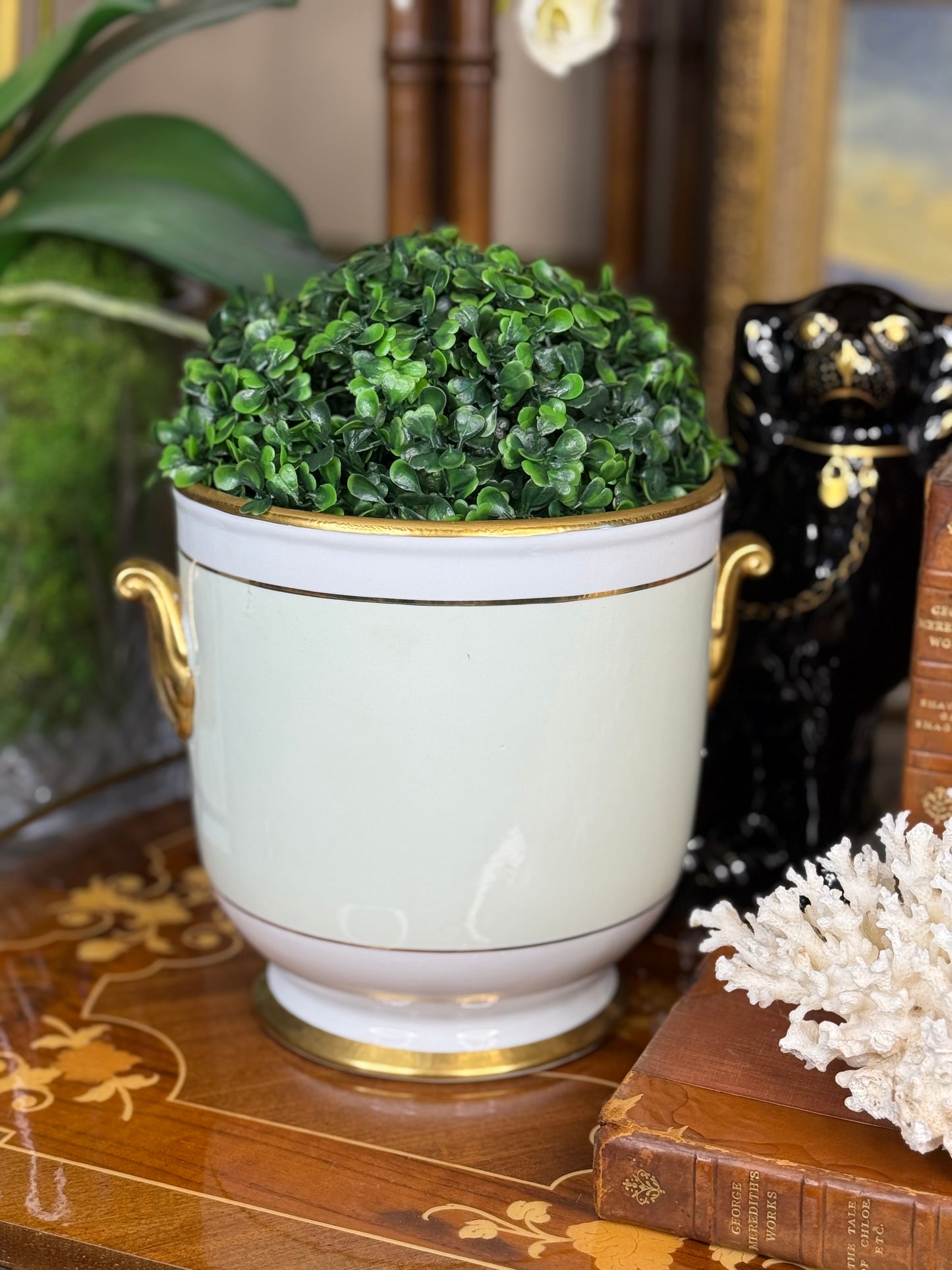 Pair of Green & Gold Porcelain Cachepots – 7” | Classic French-Style Planters