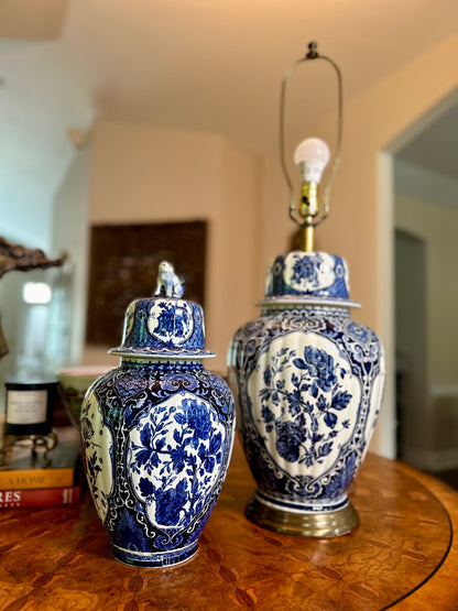 Large Blue & White Delft Style Ginger Jar Lamp — Newly Rewired, Circa Mid 20th Century