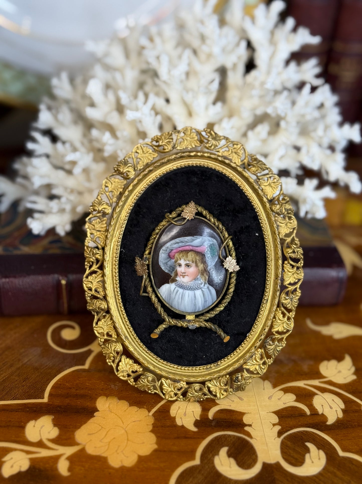 Antique Miniature Portrait of a Young Girl in Gilt Bronze Frame | 5x4” Hand-Painted Enamel