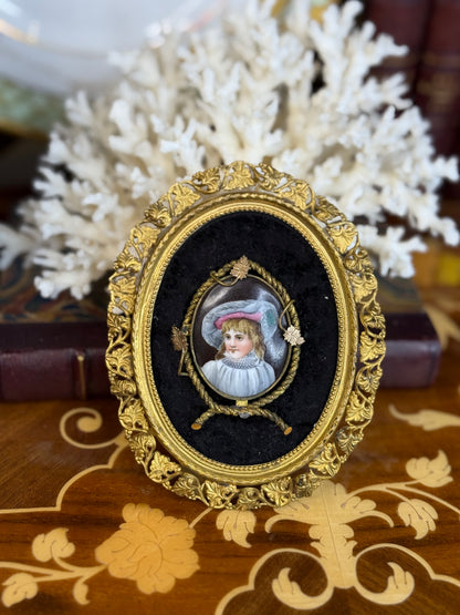 Antique Miniature Portrait of a Young Girl in Gilt Bronze Frame | 5x4” Hand-Painted Enamel