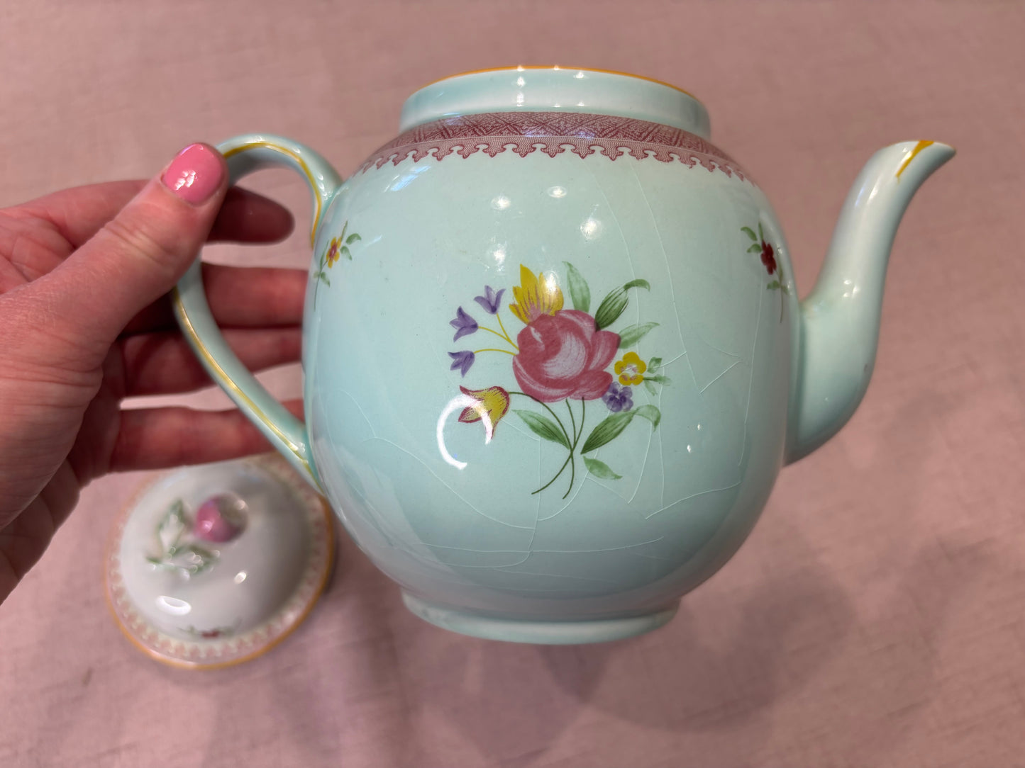 Antique Adams Calyx Ware teapot in the Lowestoft pattern featuring a mint green or duck egg blue color with floral patterns! As is!