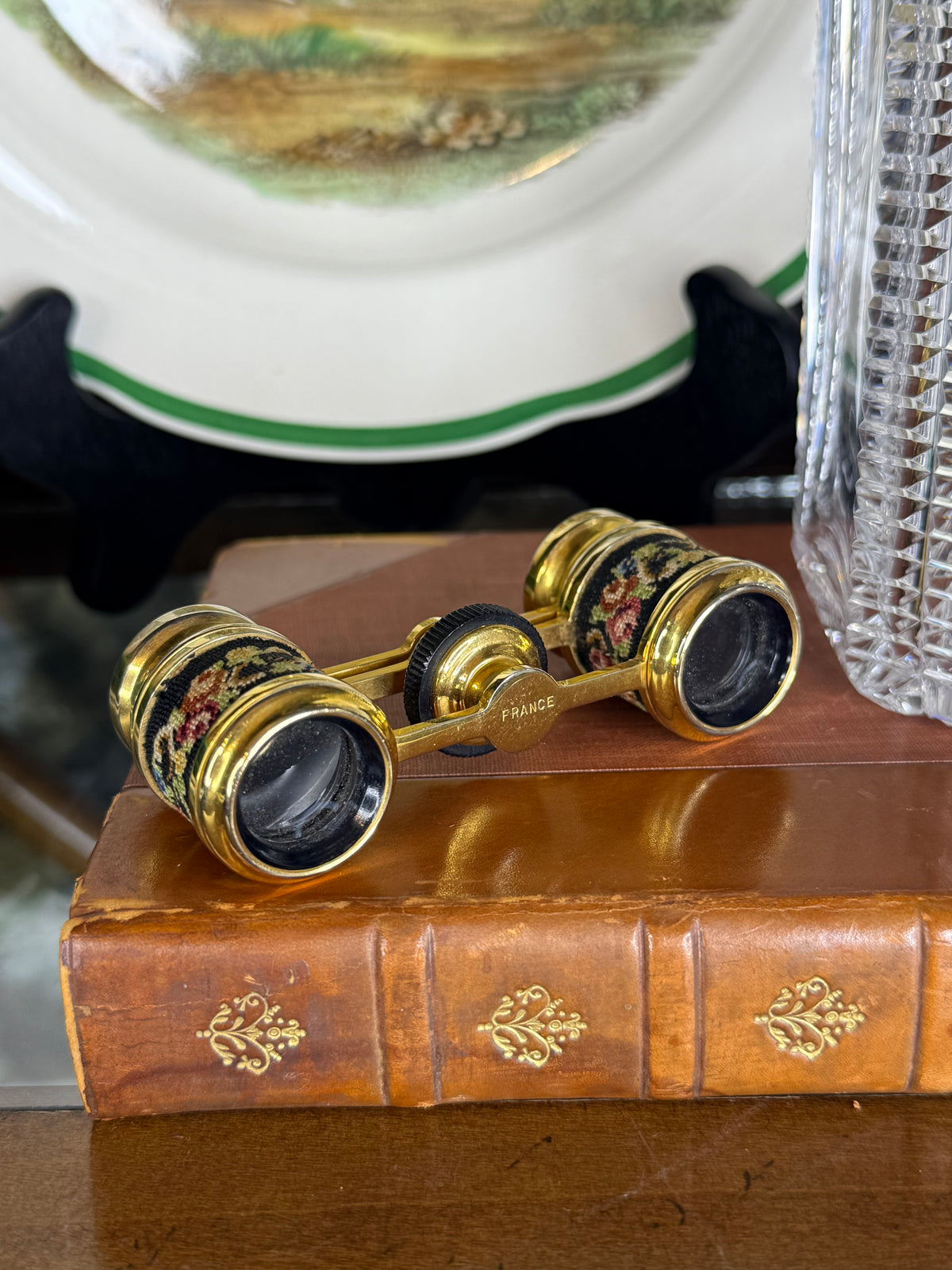 RESERVED - MOLLIE- Vintage French Petit-Point Opera Glasses, Floral Needlepoint & Gilt Metal Theater Binoculars, c.1930–1950, 3.5” W x 1.25” H