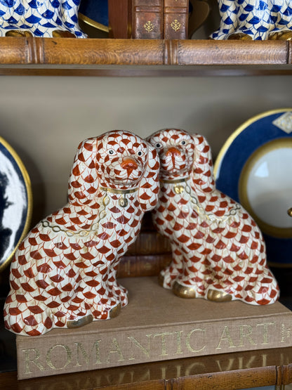 Danny’s Fine Porcelain: Large 16Lx3.5Wx9H Rust & White Spaniel Dog Figure Pair W/ Gold Accent